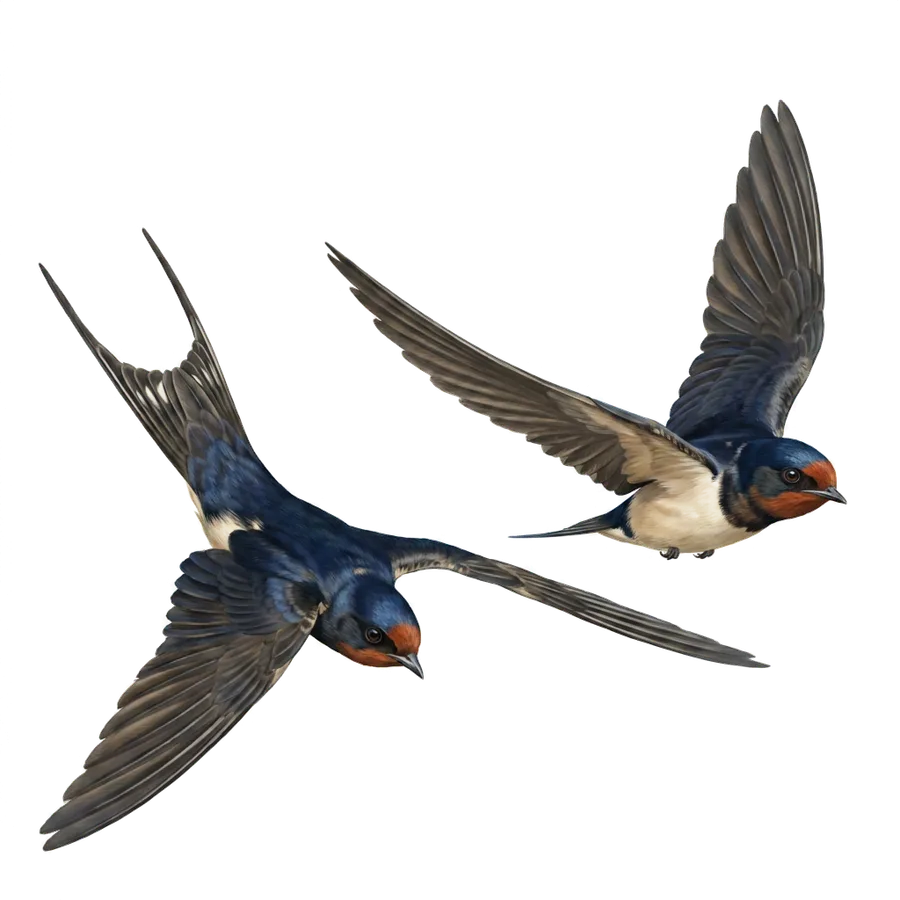 AI-generated illustration of the two barn swallows in flight, based on the adjacent photograph.